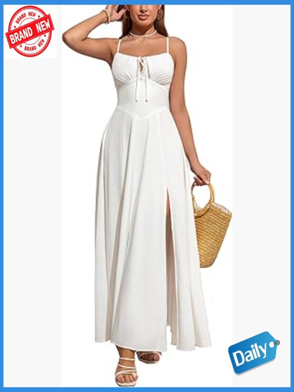 Womens Spaghetti Straps Corset Dress Boho Flowy Slit Square Neck Midi Dresses